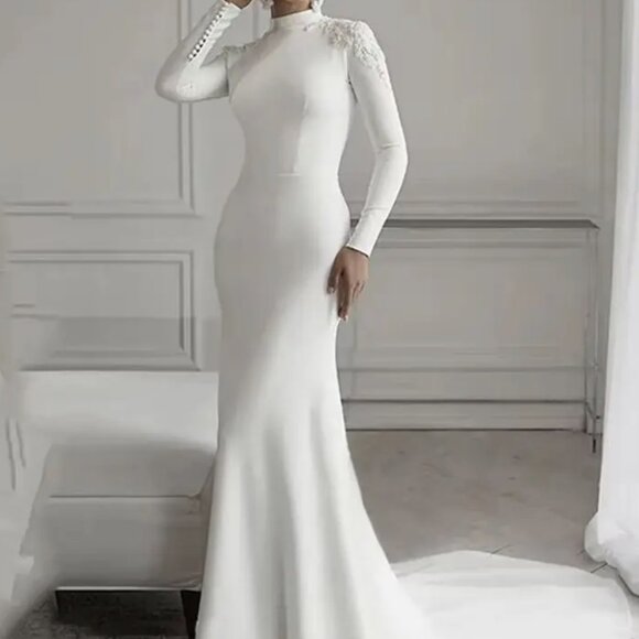 Elegant High Neck Mermaid Weddin with Brush Train | Modest high neck bridal Gown - Picture 3 of 17